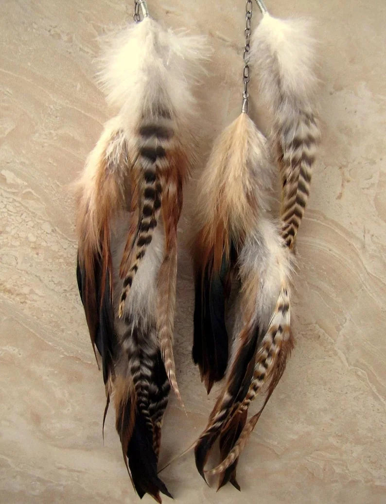 Warm Brown Feather Earrings - Natural Pheasant & Rooster Feathers
