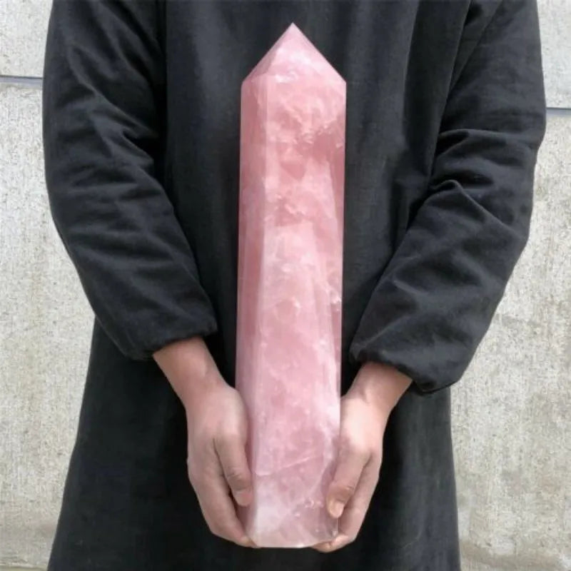 Hand Polished Natural Pink Rose Stone Obelisk Quartz Crystal Wand